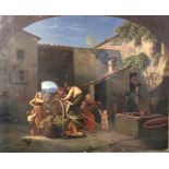 A 19TH CENTURY CONTINENTAL SCHOOL OIL ON CANVAS Grape gatherers unloading their cart, unframed. (
