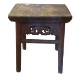 A 19TH CENTURY CHINESE CARVED WOOD STOOL The rectangular top raised on turned legs.
