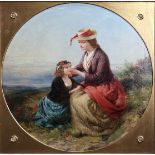 JOHN JAMES HILL, R.B.A., 1811 - 1882, CIRCULAR OIL ON CANVAS Mother and child on a hillside