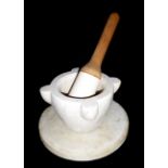 A 19TH CENTURY WHITE MARBLE PESTLE AND MORTAR On a later circular stand. (22cm x 13cm)