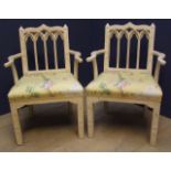 A PAIR OF CHIPPENDALE GOTHIC DESIGN PAINTED CARVED WOOD AND UPHOLSTERED ARMCHAIRS.