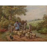 MYLES BIRKET FOSTER, 1825 - 1899, WATERCOLOUR Landscape, sheep by a stile, monogramed lower left, in