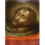 A 17TH/18TH CENTURY ITALIAN OIL ON PANEL The Head of St. John the Baptist on a charger, framed. (oil