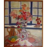 JENNY GREVATTE, B. 1951, OIL ON BOARD Impressionist still life, bouquet of flowers in a window