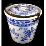 VILLEROY & BOCH, DRESDEN, A VICTORIAN BLUE AND WHITE LIDDED PAIL With bronze handle and floral