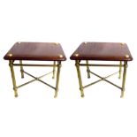 A PAIR OF VICTORIAN STYLE MAHOGANY AND BRASS SIDE TABLES Rectangular tops over cylindrical legs,