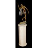 A LARGE 20TH CENTURY BRONZE OF A WARRIOR Raised on fluted cylindrical marble pedestal. (bronze h