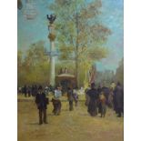 OIL ON PANEL, PARISIAN SCENE Figures by a column. (panel w 33cm x h 42cm/frame w 54cm x h 64cm)