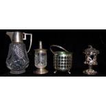 A COLLECTION OF VICTORIAN AND LATER SILVER AND GLASS ITEMS Comprising a claret jug, hallmarked