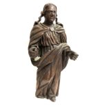 AN 18TH/19TH CENTURY CARVED OAK STATUE Figure of a man in robes, with stand. (50cm)