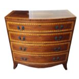 A GOOD EARLY 19TH CENTURY MAHOGANY AND SATIN WOOD MARQUETRY INLAID BOW FRONTED CHEST Of four long