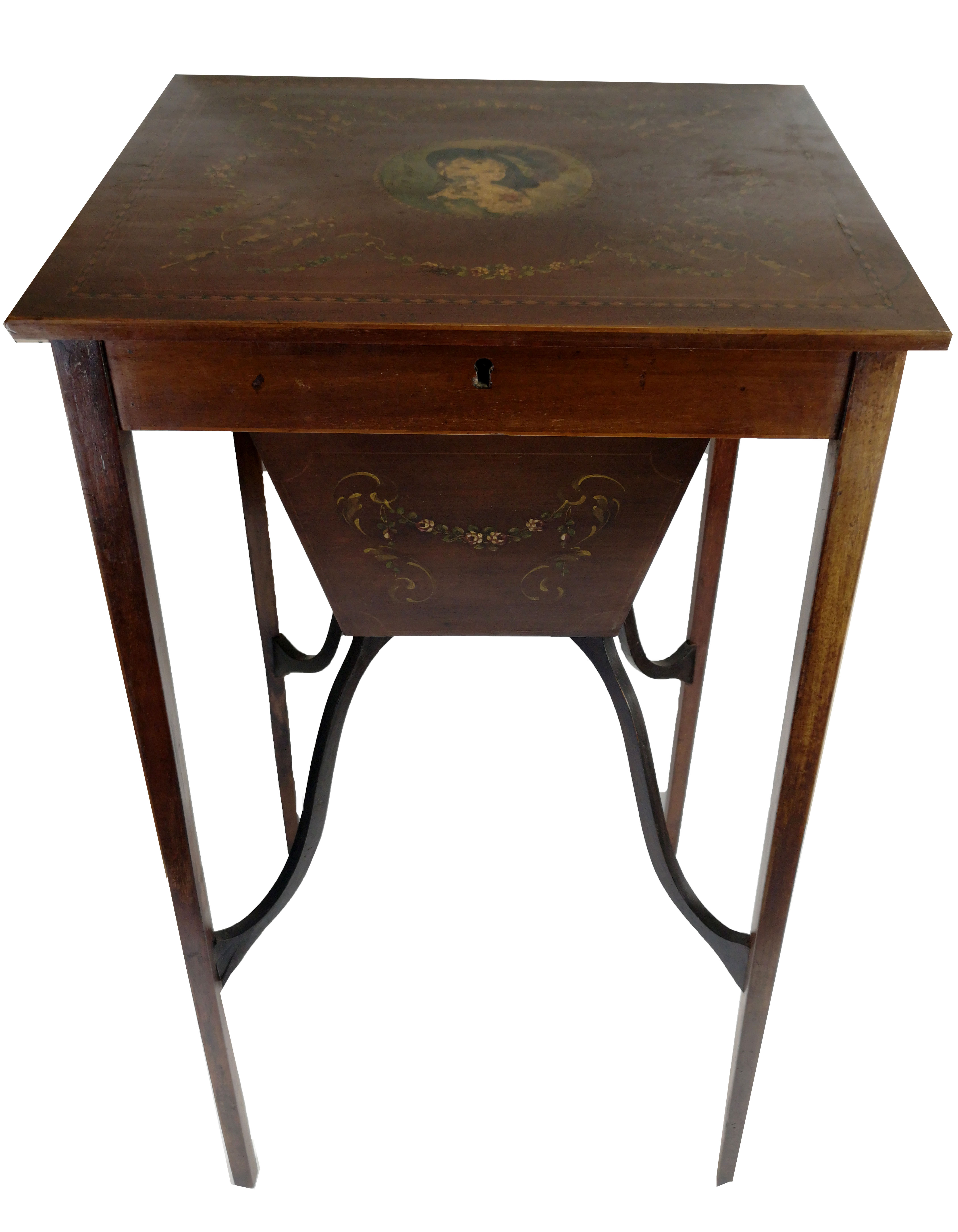 A 19TH CENTURY MAHOGANY AND INLAID LADIES' WORK TABLE With hand painted decoration and hinged lid