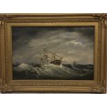 JAMES GLEN WILSON, IRISH, 1827 - 1863, OIL ON CANVAS Ship on a stormy sea, gilt framed. (78cm x