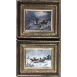 A PAIR OF RUSSIAN SCHOOL OILS Huntsmen on three troika, gilt framed and glazed. (33cm x 26cm)