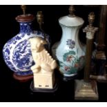 A COLLECTION OF THREE VINTAGE ORIENTAL STYLE PORCELAIN LAMPS To include a famille verte vase with