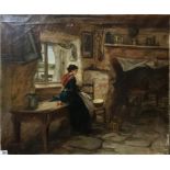 THOMAS KENT PELHAM, 1860 - 1891, OIL ON CANVAS Interior scene, maiden in a country cottage, signed
