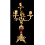 A 19TH CENTURY GILT METAL AND MARBLE FOUR BRANCH CANDELABRA With Rococo style decoration and five