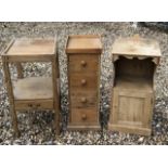 A PINE PEDESTAL CHEST Along with a bedside cupboard and a Georgian pine wash stand. (tallest 75cm)