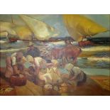 OIL ON PANEL, COASTAL SCENE Fisherwomen on a beach, framed. (panel w 45cm x h 35cm/frame w 60cm x