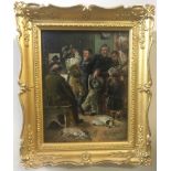 HAMILTON, A 19TH CENTURY ENGLISH OIL ON PANEL Tavern interior scene, figures and dogs in a bar,