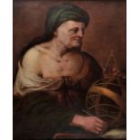 A LARGE 17TH CENTURY ITALIAN OIL ON CANVAS OF AN ASTRONOMER WEARING A ROBE AND HEADDRESS Holding his