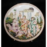 CAPODIMONTE, A 20TH CENTURY POTTERY CHARGER Decorated in relief with Greco-Roman figures. (d 28cm)