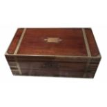 A GOOD 19TH CENTURY MAHOGANY AND BRASS BOUND MILITARY WRITING SLOPE With red tooled leather