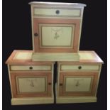 A SET OF THREE DECORATIVE PAINTED BEDSIDE CUPBOARDS. (h 67cm x w 60cm x d 40cm)