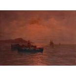 A 20TH CENTURY OIL ON CANVAS Seascape, illustrated with fishing boats at dusk, indistinctly signed
