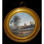 FOLLOWER OF SIMON MATHURIN LANTARA 1729-1778, A 19TH CENTURY CIRCULAR MINIATURE Landscape, a