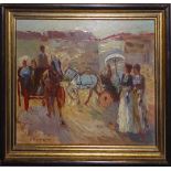 A LATE 19TH/EARLY 20TH CENTURY OIL ON BOARD Impressionist scene, horse drawn coaches and figures,
