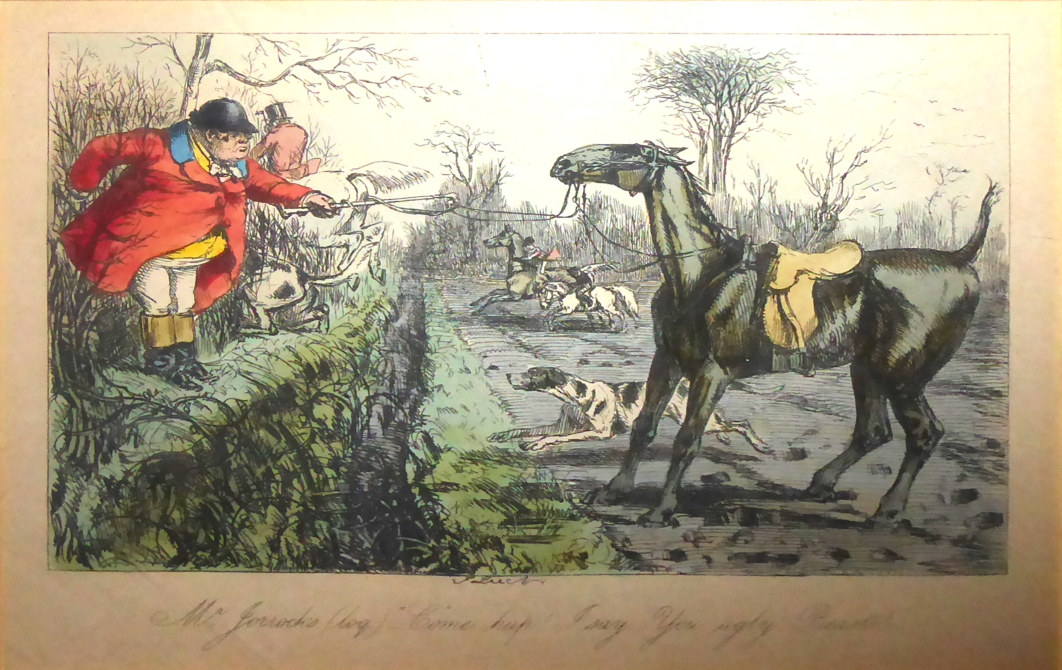 JOHN LEECH, A SET OF EIGHT VICTORIAN HAND COLOURED SPORTING ENGRAVINGS AND CARICATURES OF FOX