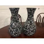 PAIR OF MATCHING GLASS MOSIAC BLACK AND SILVER ROSE PATTERN VASES H X 50 D X 24 W X 24 CM