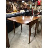 ANTIQUE MAHOGANY DROP LEAF SIDE TABLE WITH SINGLE DRAWER, TURNED LEGS RAISED ON BRASS CASTORS H X 70