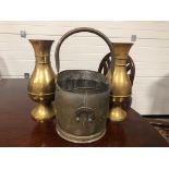 ANTIQUE JOB LOT TO INCLUDE PAIR OF LARGE BRASS URNS AND BRASS AND COAL SCUTTLE