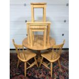 MODERN LIGHT OAK COLOUR PEDESTAL LEG DROP LEAF BREAKFAST TABLE WITH MATCHING STICK BACK CHAIRS. TO