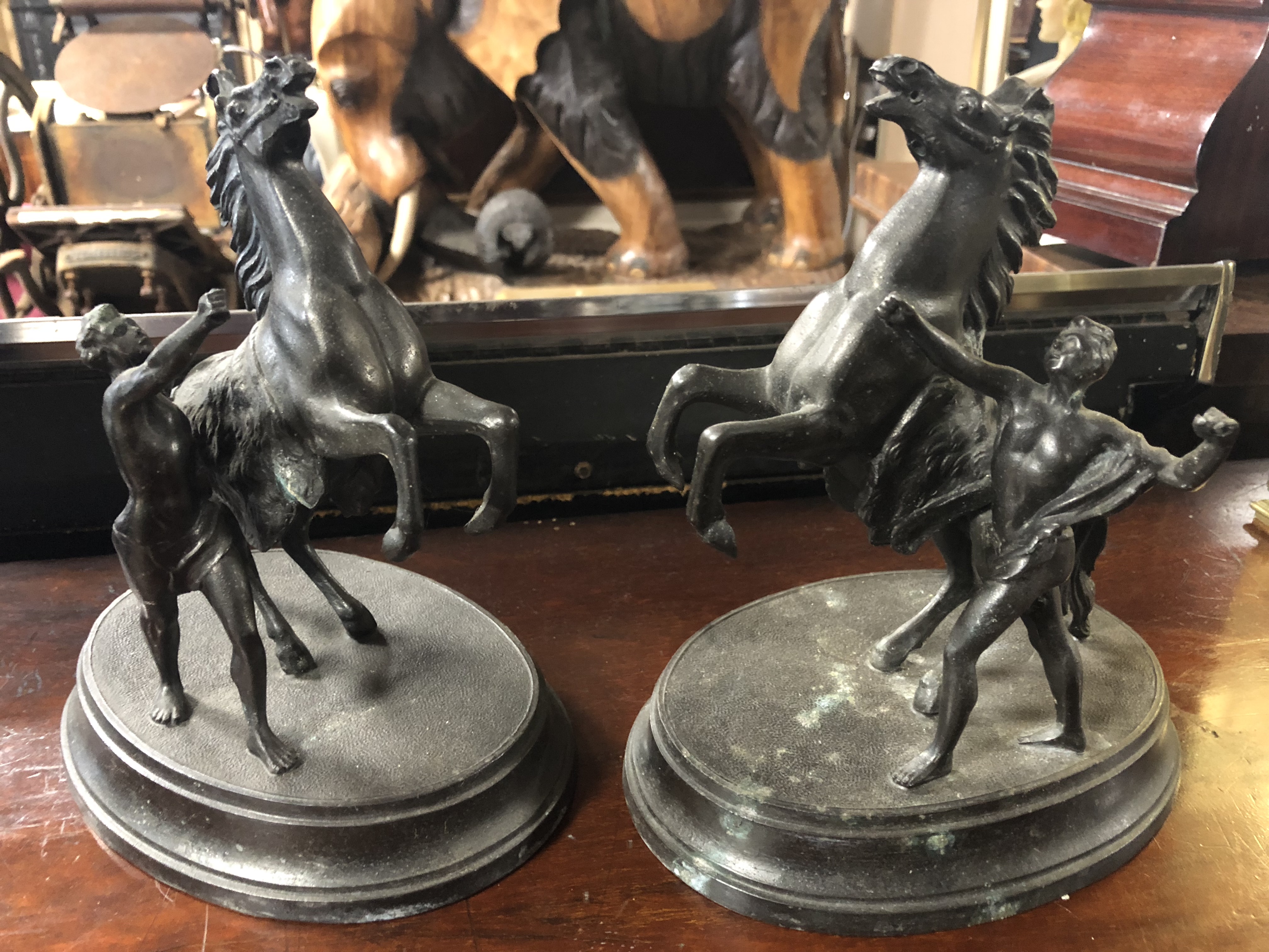 PAIR OF SPELTER CAST BRONZE AFFECT LEAPING HORSES AND FIGURES, FIXED ON PLINTHS MEASUREMENTS: H X 22