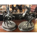 PAIR OF SPELTER CAST BRONZE AFFECT LEAPING HORSES AND FIGURES, FIXED ON PLINTHS MEASUREMENTS: H X 22