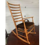 BEECH WOOD FRAME LADDERBACK ROCKING CHAIR #WITH BROWN VELVET UPHOLSTERED SEAT SOLID AND STURDY H X