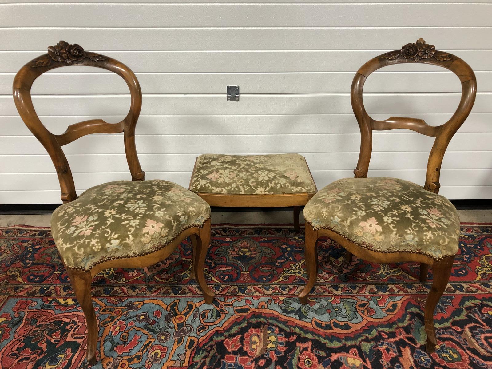 VINTAGE BALLOON BACK CARVED FLORAL UPHOLSTERED CHAIRS WITH MATCHING FOOT STOOLS