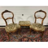 VINTAGE BALLOON BACK CARVED FLORAL UPHOLSTERED CHAIRS WITH MATCHING FOOT STOOLS
