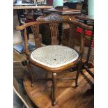 VICTORIAN ROSEWOOD CORNER CHAIR WITH UPHOLSTERED SEAT