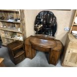 ART DECO WALNUT VENEER DRESSER WITH FLORAL HANDLES AND ORIGINAL BEVELLED EDGE MIRROR, ALSO INLUDES