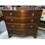 LARGE GEORGIAN MAHOGANY BOW FRONTED CHEST WITH FLAMED MAHOGANY FRONTED DRAWERS ALL WITH ORIGINAL