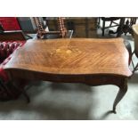 LOUIS STYLE WALNUT HALLWAY TABLE WITH FLORAL MARKETRY, 3 DRAWERS AND GUILT BRASS FOLIAGE