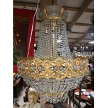 LARGE VINTAGE CUT GLASS CHANDELIER TWO TIER WITH DECORATIVE GILDED BRASS PALM TREES AND CROSS