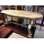 ITALIAN STYLE VINTAGE ONYX TOP COFFEE TABLE WITH ELABORATE SCROLL FEET, ON BRASS BASE