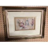 A GILT FRAMED EARLY 20TH CENTURY WATER COLOUR FIGURES IN PERIOD COSTUME TEXT ON VERSO