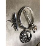 JOB LOT CONSISITING OF 4 ITEMS: SILVER BANGLE SILVER DRAGONFLY BROOCH SILVER ROUND BROOCH AND ONE