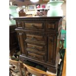 HARD WOOD ANTIQUE STYLE SIDE BOARD WITH SINGLE DRAWER AND FAUX DRAWER CUPBOARD RAISED ON PLINTHS H X
